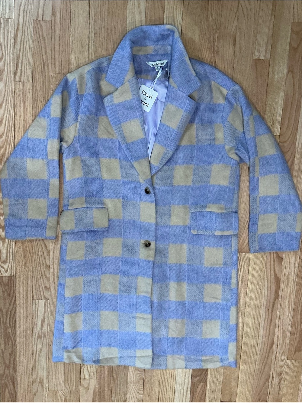 NWT Davi & Dani Lavender Cream Plaid Long Coat Satin Lined